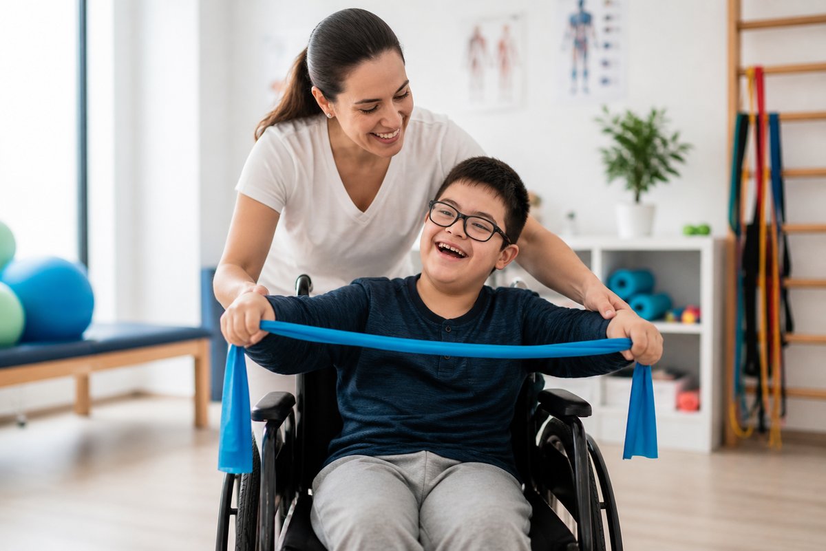 Therapeutin arbeitet mit einem jungen Beschäftigten im Rollstuhl an einem Theraband. Neurologische Physiotherapie in der Einrichtung